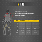 M-Tac Alpha Microfleece takki Gen.II koko-opaskaavio, kaulus, hihan pituus ja rinnanympärys.