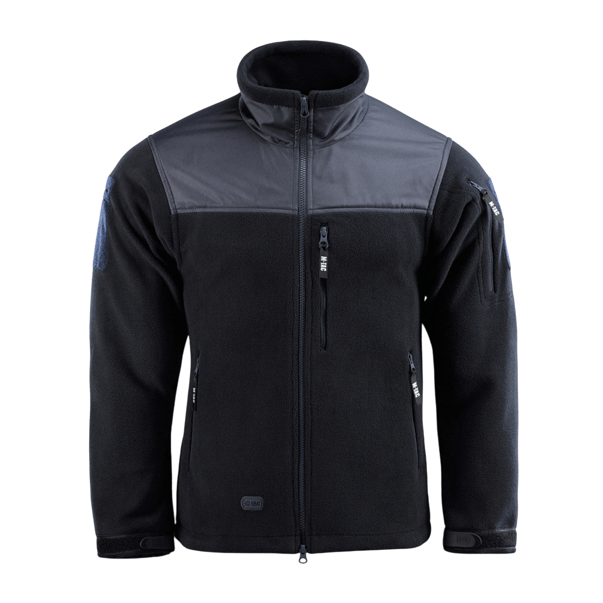M-Tac Alpha Microfleece Jakke Gen.II mustana vahvistetuilla olkapäillä ja hihoilla, ihanteellinen taktiseen käyttöön kylmällä säällä.