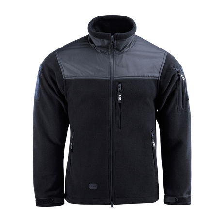 M-Tac Alpha Microfleece Jakke Gen.II mustana vahvistetuilla olkapäillä ja hihoilla, ihanteellinen taktiseen käyttöön kylmällä säällä.