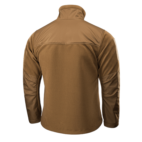 M-Tac Alpha Microfleece takki Gen.II ruskeana takaa nähtynä, sopii taktiseen ja ulkokäyttöön kylmässä säässä, valmistettu kestävästä fleecestä.