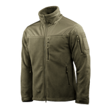 M-Tac Alpha Microfleece takki Gen.II oliivinvihreänä, suunniteltu taktiseen käyttöön ja ulkoilma-aktiviteetteihin, vahvistettu kulutuskestävällä Oxford-nylonilla.