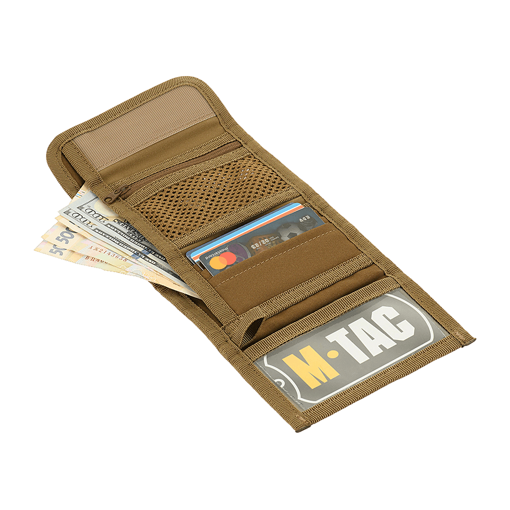 M-Tac Pung Elite Gen.II, kompakti lompakko kestävästä Cordura 500D:stä, useita lokeroita seteleille ja korteille, M-Tac-logo, YKK-vetoketjut.