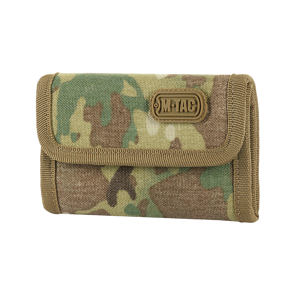 M-Tac Pung Elite Gen.II robustista Cordura 500D:stä, kompakti malli korteille ja käteiselle, camokuvio, M-Tac-logo.