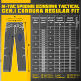 M-Tac Jeans Tactical Gen. I Cordura Regular Fit - kokotaulukko ja tiedot Cordura-taktiikkahousuista kestävässä kankaassa.