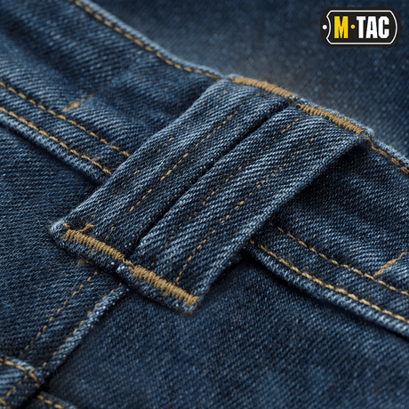 Lähikuva M-Tac Jeans Tactical Gen. I Cordura Regular Fit -farkuista, kestävä Cordura-denim ja näkyvät saumat.
