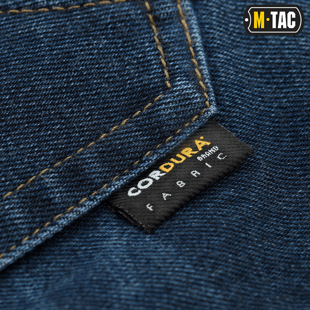 Lähikuva M-Tac Jeans Tactical Gen. I Cordura Regular Fit -farkuista, kestävä Cordura-denim-kangas.