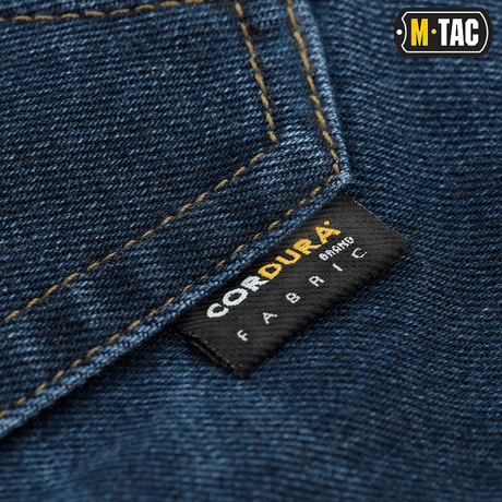 Lähikuva M-Tac Jeans Tactical Gen. I Cordura Regular Fit -farkuista, kestävä Cordura-denim-kangas.