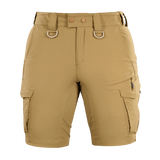 M-Tac Aggressor Summer Flex Shorts hiekansävyssä, kevyet taktiset shortsit säädettävällä vyötäröllä ja monilla toiminnallisilla taskuilla.