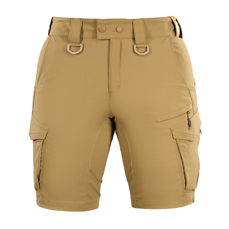 M-Tac Aggressor Summer Flex Shorts hiekansävyssä, kevyet taktiset shortsit säädettävällä vyötäröllä ja monilla toiminnallisilla taskuilla.