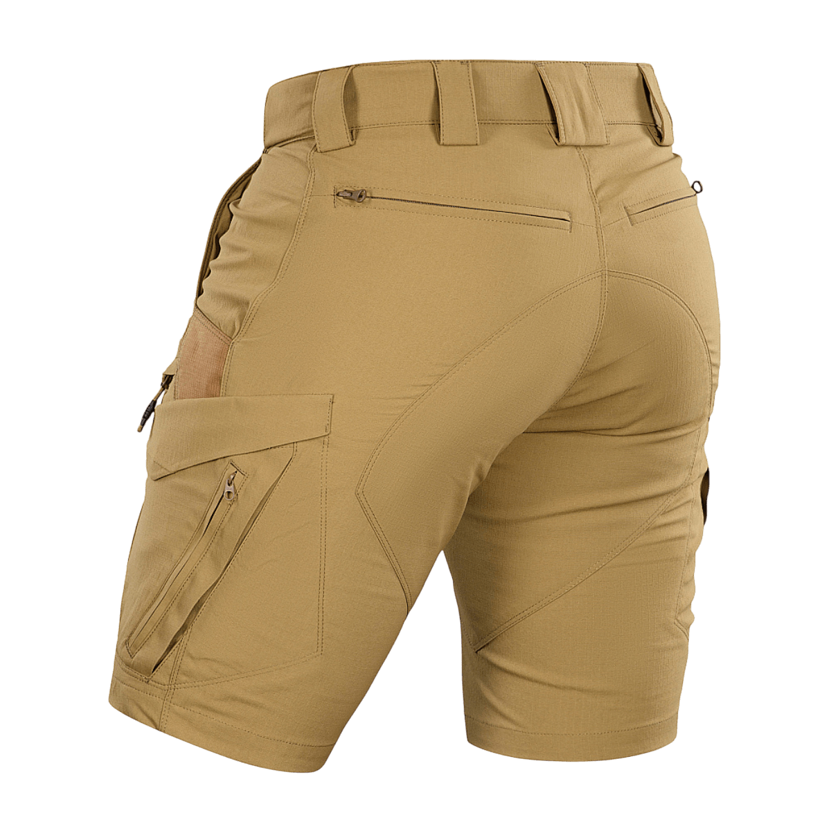 M-Tac Aggressor Summer Flex Shorts kevyellä taktillisella muotoilulla, toiminnallisilla taskuilla ja joustavalla istuvuudella, takaa kuvattu.