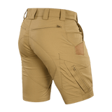 M-Tac Aggressor Summer Flex Shorts khakina, kevyet taktiset shortsit Flex Rip-Stop -kankaasta ja useilla toiminnallisilla taskuilla.
