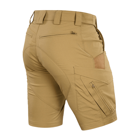 M-Tac Aggressor Summer Flex Shorts khakina, kevyet taktiset shortsit Flex Rip-Stop -kankaasta ja useilla toiminnallisilla taskuilla.