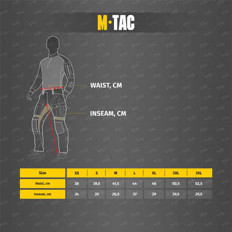 Kokotaulukko M-Tac Aggressor Summer Flex Shorts -shortseille vyötärö- ja sisäsaumamitoilla cm, keskittyen kevyisiin taktisiin shortseihin.