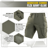 M-Tac Aggressor Summer Flex Shorts, armyvihreä, kevyt Rip-Stop Flex -kangas, YKK-vetoketju ja useita taskuja, ihanteellinen ulkoiluun.