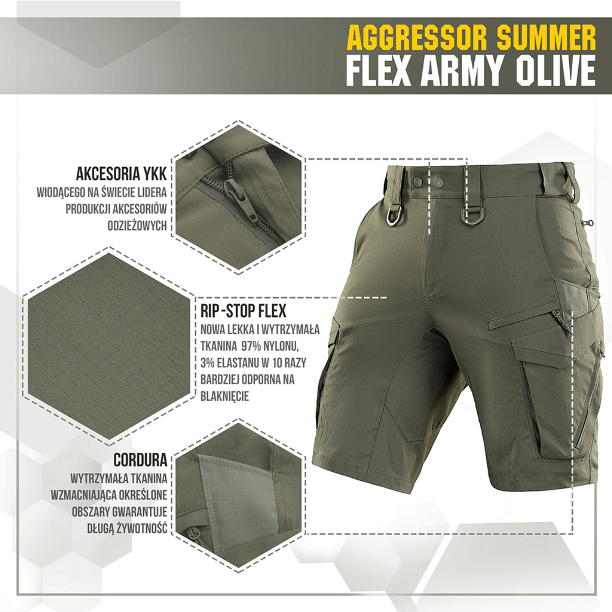 M-Tac Aggressor Summer Flex Shorts, armyvihreä, kevyt Rip-Stop Flex -kangas, YKK-vetoketju ja useita taskuja, ihanteellinen ulkoiluun.