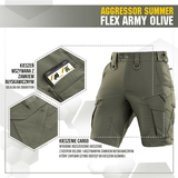M-Tac Aggressor Summer Flex Shorts oliivinvihreänä, käytännölliset taskut, sopii taktiseen ja ulkoilukäyttöön, kevyt ja hengittävä.