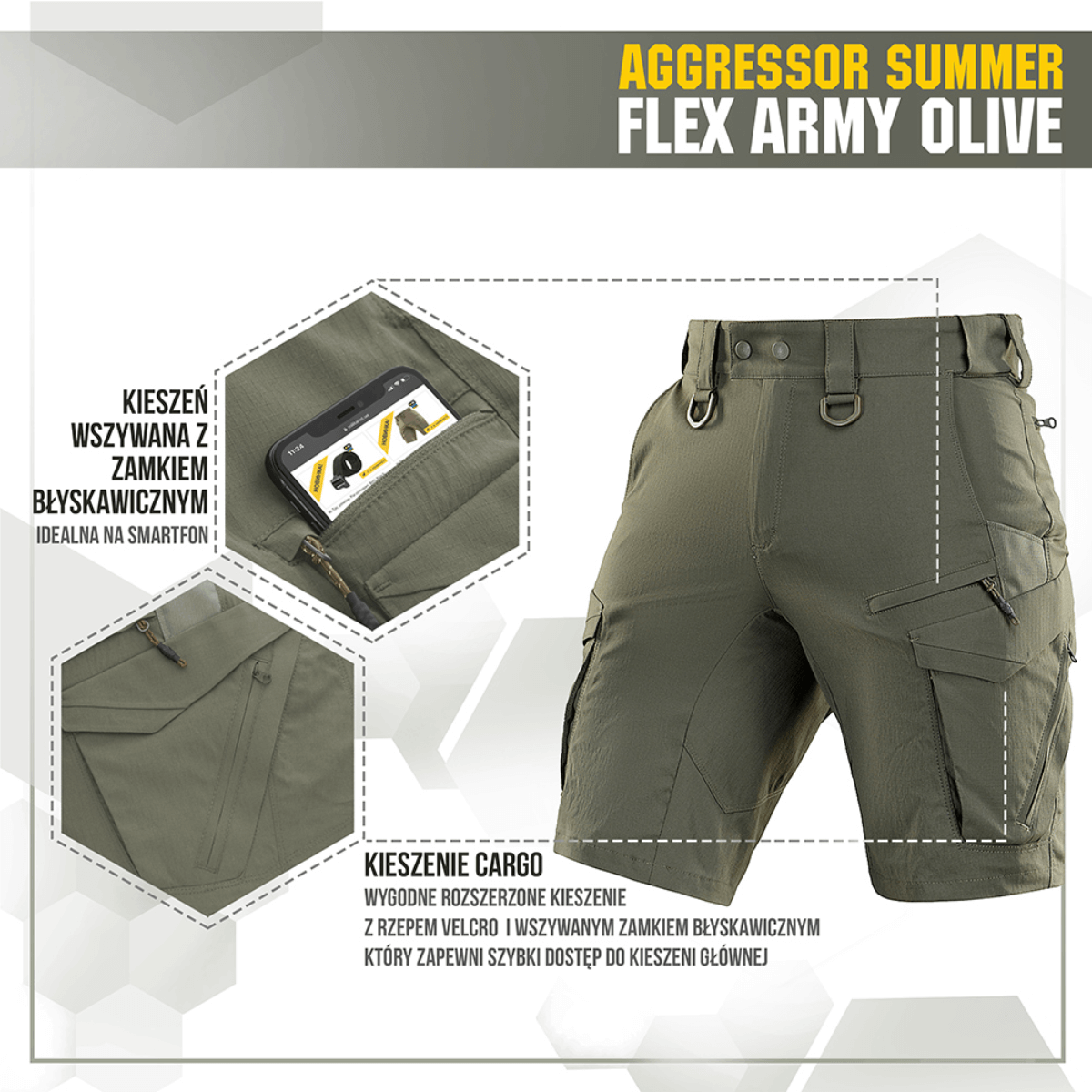 M-Tac Aggressor Summer Flex Shorts oliivinvihreänä, käytännölliset taskut, sopii taktiseen ja ulkoilukäyttöön, kevyt ja hengittävä.
