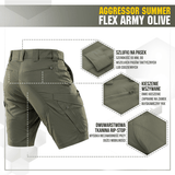 M-Tac Aggressor Summer Flex Shorts oliivinvihreänä nähtynä takaa, ideaalit taktisiin aktiviteetteihin, useita taskuja ja kestävä kangas.