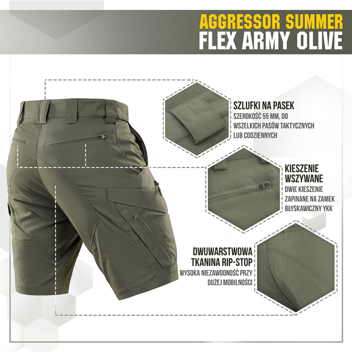 M-Tac Aggressor Summer Flex Shorts oliivinvihreänä nähtynä takaa, ideaalit taktisiin aktiviteetteihin, useita taskuja ja kestävä kangas.