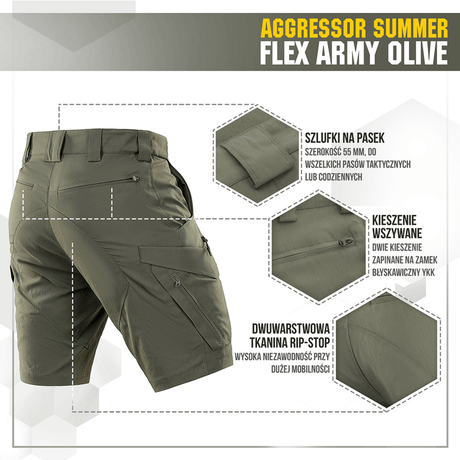 M-Tac Aggressor Summer Flex Shorts oliivinvihreänä nähtynä takaa, ideaalit taktisiin aktiviteetteihin, useita taskuja ja kestävä kangas.