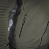 M-Tac Combat Fleece -takki oliivinvihreä, Himates-fleece, lähikuva vetoketjusta ja taskun yksityiskohdista, galleria-asento 1.