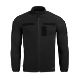 M-Tac Combat Fleece Polartec -takki mustana, Polartec® fleece ja YKK-vetoketjut, suunniteltu taktiseen ja arkikäyttöön, edestä nähtynä.