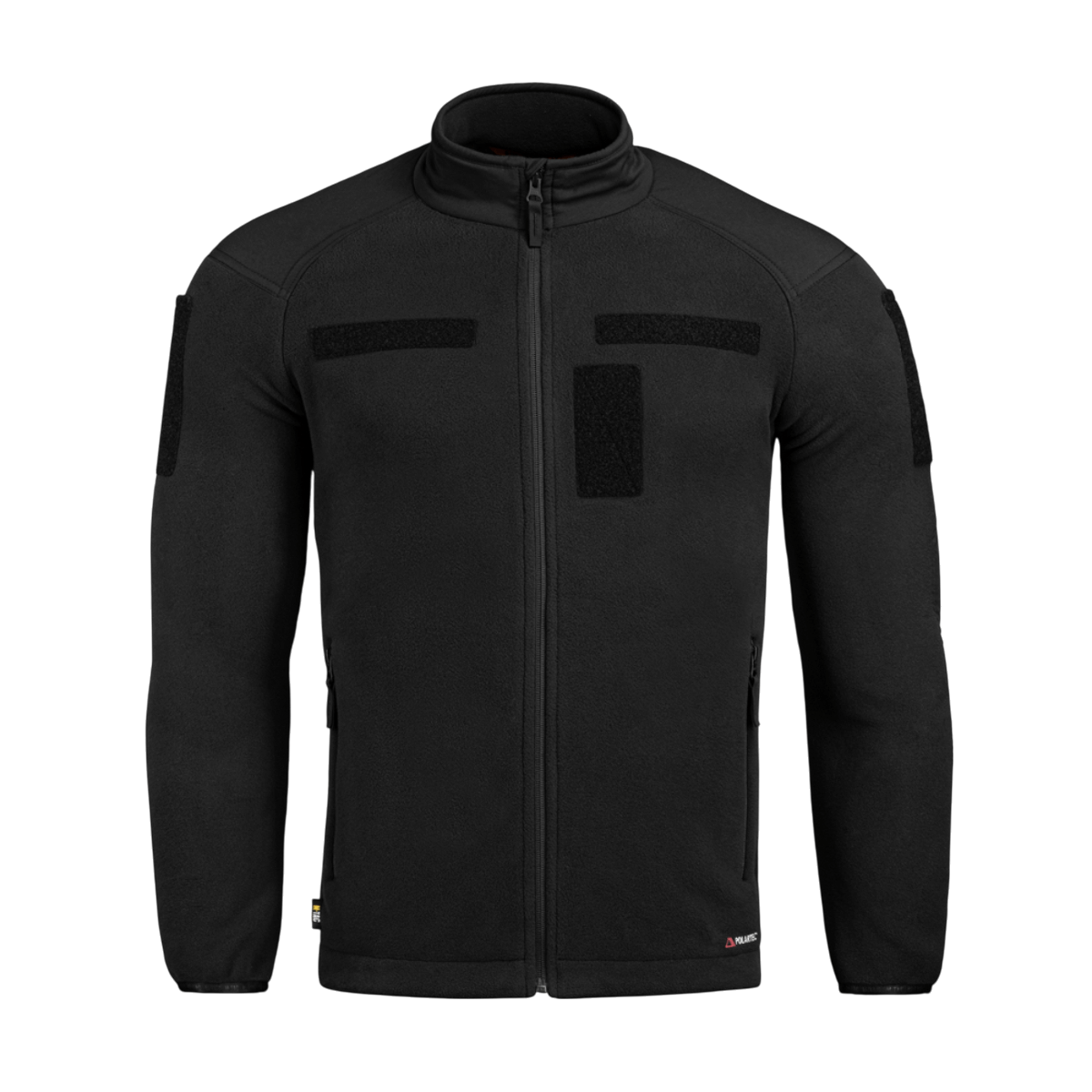 M-Tac Combat Fleece Polartec -takki mustana, Polartec® fleece ja YKK-vetoketjut, suunniteltu taktiseen ja arkikäyttöön, edestä nähtynä.