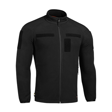 M-Tac Combat Fleece Polartec -takki mustana, YKK-vetoketjut ja tarrapaneelit, sopii taktiseen ja arkipukeutumiseen.