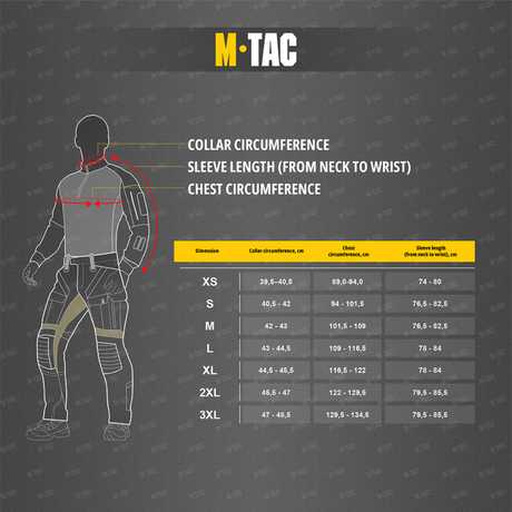M-Tac Combat Fleece Polartec -takin kokotaulukko, näyttää kauluksen ympärysmitan, hihan pituuden ja rinnanympäryksen XS:stä 3XL:ään.