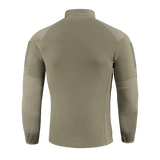 M-Tac Combat Fleece Polartec -takki oliivinvihreänä, takaa kuvattuna, tarrapaneelit, sopii taktiseen ja arkipukeutumiseen.