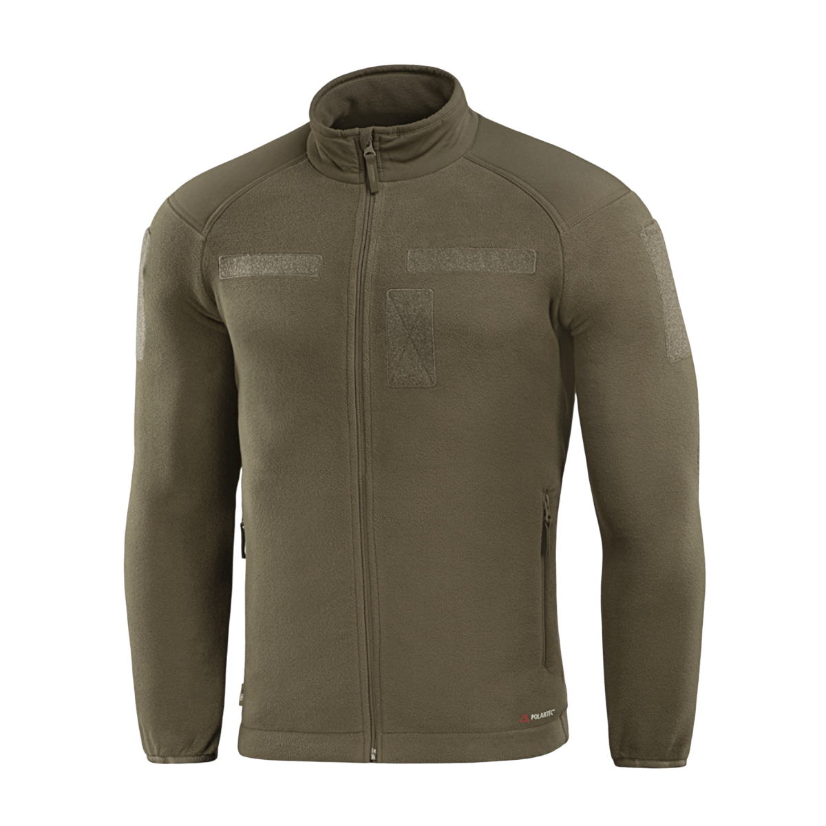 M-Tac Combat Fleece Polartec -takki oliivinvihreänä, YKK-vetoketjut ja tarrapaneelit, sopii taktiseen ja arkipukeutumiseen.