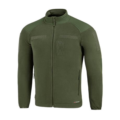 M-Tac Combat Fleece Polartec -takki oliivinvihreänä, Velcro-paneelit ja tuulisuojat, täydellinen taktiseen ja arkikäyttöön.