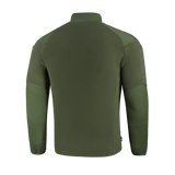 M-Tac Combat Fleece Polartec -takki takaa kuvattuna, oliivinvihreä, näyttää takin muotoilun ja materiaalin, sopii taktiseen käyttöön.