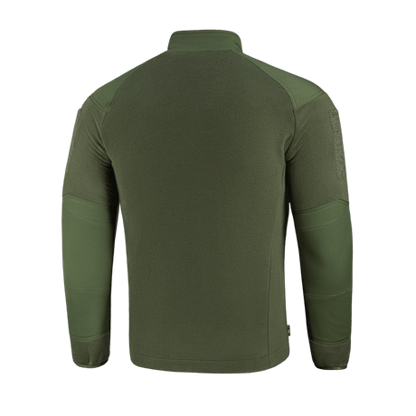 M-Tac Combat Fleece Polartec -takki takaa kuvattuna, oliivinvihreä, näyttää takin muotoilun ja materiaalin, sopii taktiseen käyttöön.