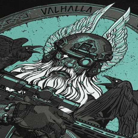 M-Tac Raglan Odin Mystery Odin-teemalla, pohjoismaisen jumalan kuva korpin kanssa ja modernissa panssarissa.