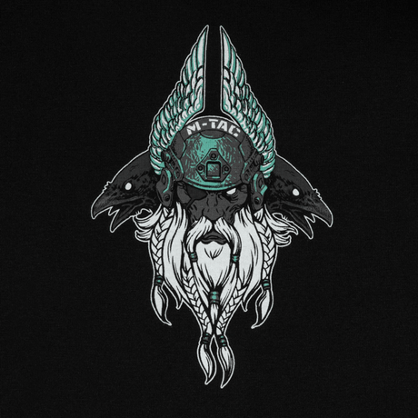 M-Tac Raglan Odin Mystery Odin-kuvalla, pohjoismainen jumala, mustalla taustalla. Premium MagnaColours®-painatus.