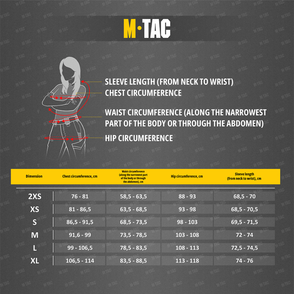 Kokotaulukko M-Tac Sweater Nord Fleece Polartec naisten mallille, mitat cm: rinta, vyötärö, lantio ja hihan pituus.