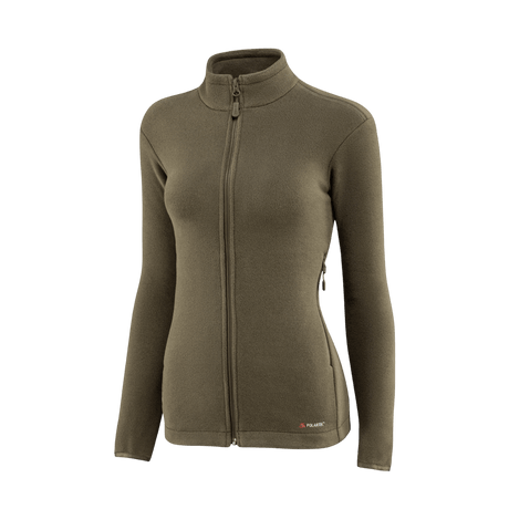 M-Tac Sweater Nord Fleece Polartec naisten malli oliivinvihreänä, valmistettu Polartec® 200 Series -fleecestä, YKK-vetoketjulla ja pystykauluksella mukavuutta varten.