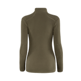 M-Tac Sweater Nord Fleece Polartec naisten malli nähtynä takaa oliivinvihreänä pystykauluksella, suunniteltu mukavuuteen ja lämpöön taktisiin ympäristöihin.