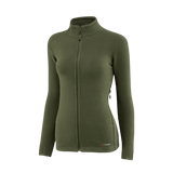 M-Tac Sweater Nord Fleece Polartec naisten malli oliivinvihreänä pystykauluksella ja YKK-vetoketjulla, valmistettu Polartec® 200 Series -fleecestä.