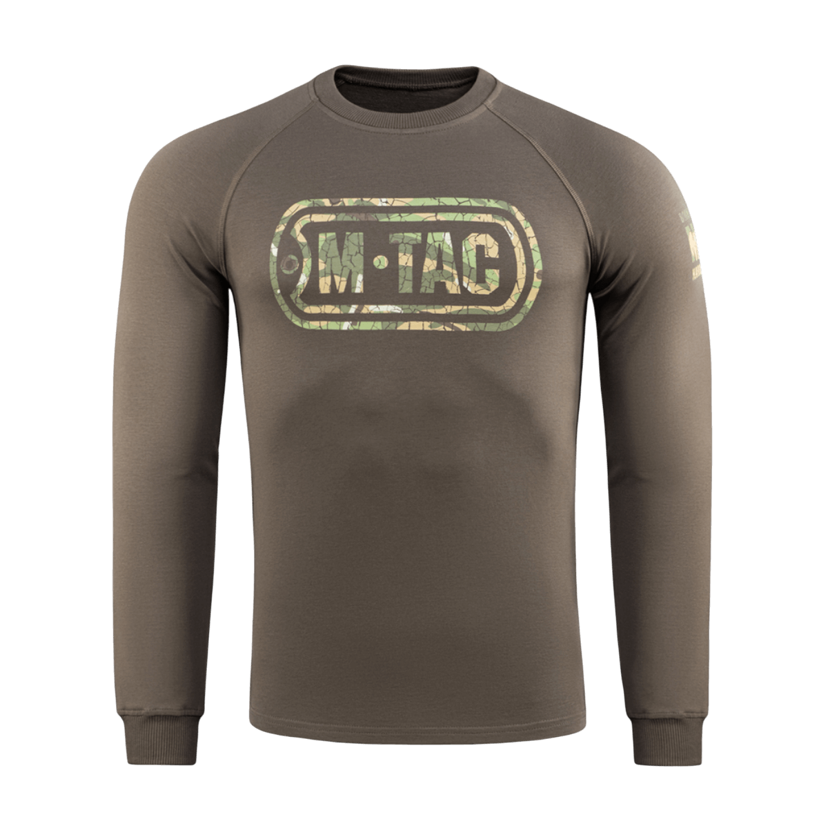 M-Tac Raglan Logo camokuvioidulla logolla, puuvillasekoite mukavuutta ja liikkuvuutta varten. Täydellinen taktiseen käyttöön