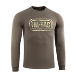 M-Tac Raglan Logo ruskea, camokuvioidulla logolla, mukava malli, sopii sekä sotilaallisiin että taktisiin tarkoituksiin