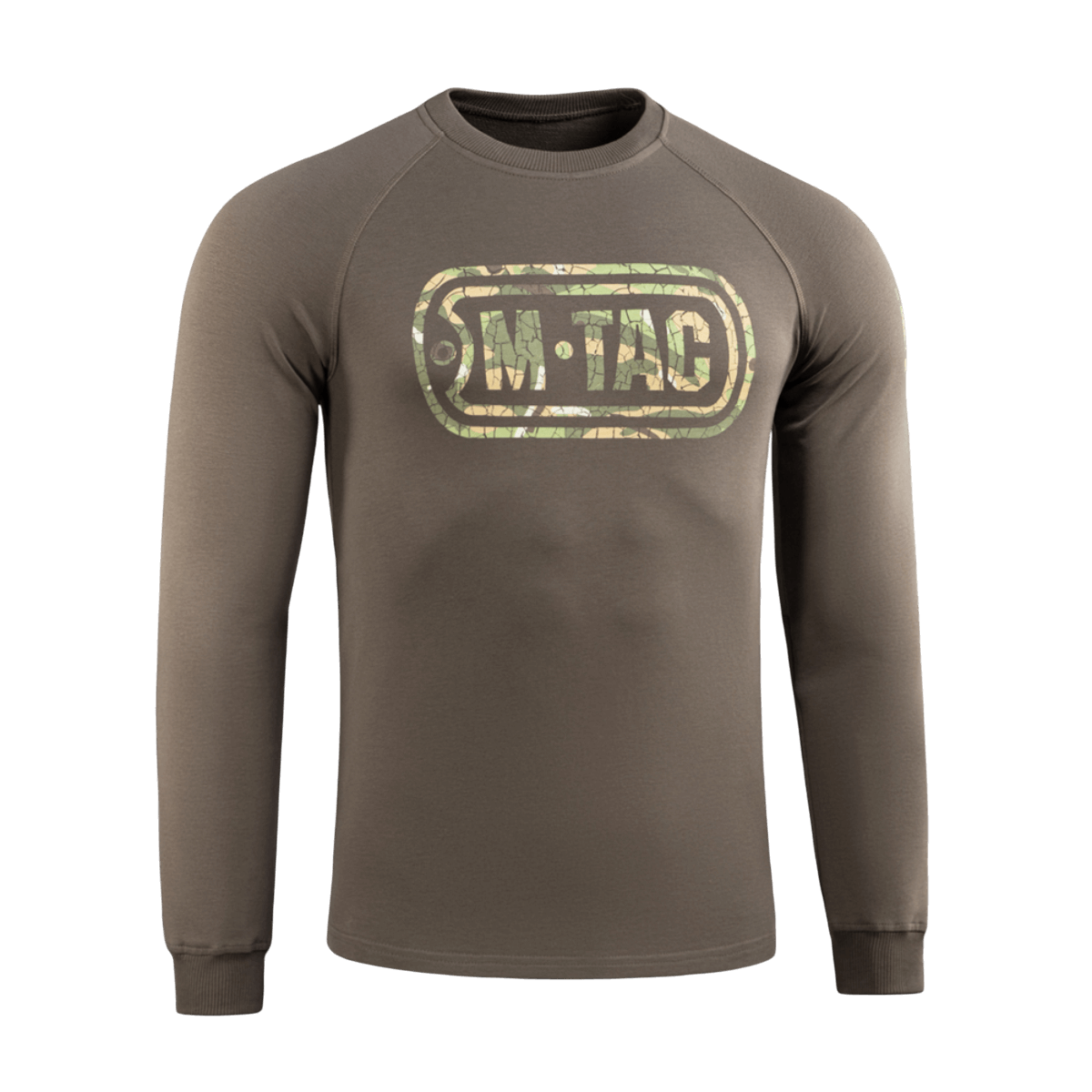 M-Tac Raglan Logo ruskea, camokuvioidulla logolla, mukava malli, sopii sekä sotilaallisiin että taktisiin tarkoituksiin