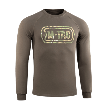 M-Tac Raglan Logo ruskea, camokuvioidulla logolla, mukava malli, sopii sekä sotilaallisiin että taktisiin tarkoituksiin