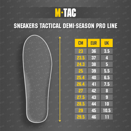 Koko-opas M-Tac Sneakers Tactical Demi-Season Pro Line -kengille, sisäpohjakuva ja mittaukset cm, EUR ja UK-koot.