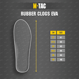 M-Tac Gummiclogs EVA -koko-opas, näyttää sisäpohjan ja saatavilla olevat koot cm- ja EU-mitoissa, tuotetiedot.