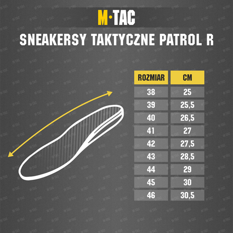 M-Tac Tactical Sneakers Patrol R Vent -kokotaulukko senttimetreinä.