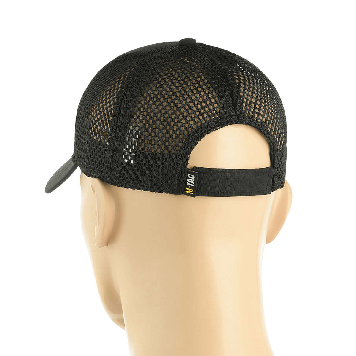 Musta M-Tac Mesh Flex Ripstop Baseball Cap takaa nähtynä, näyttää mesh-paneelit ja säädettävän Velcro-nauhan, täydellinen ilmanvaihtoon ja mukavuuteen.