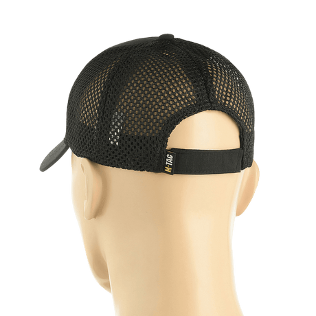 Musta M-Tac Mesh Flex Ripstop Baseball Cap takaa nähtynä, näyttää mesh-paneelit ja säädettävän Velcro-nauhan, täydellinen ilmanvaihtoon ja mukavuuteen.