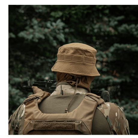 M-Tac Panamahat Gen. II Summer Flex camel nylon/elastaani kevyt ja NIJ-sertifiointi, esillä käytössä, galleria-asento 1
